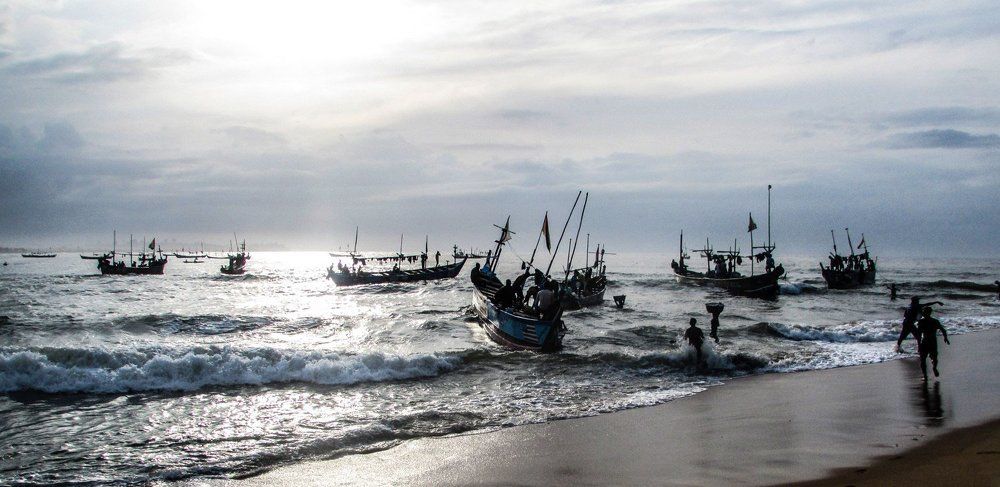 Sassandra : the arrival of fishing boats.