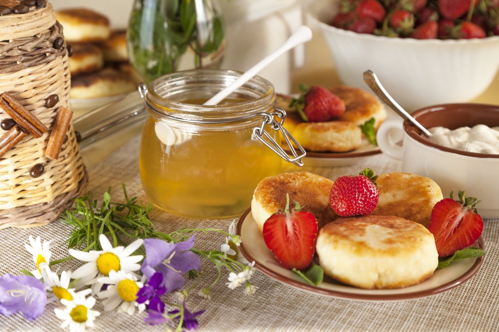 A large plate with curd cheese for breakfast,