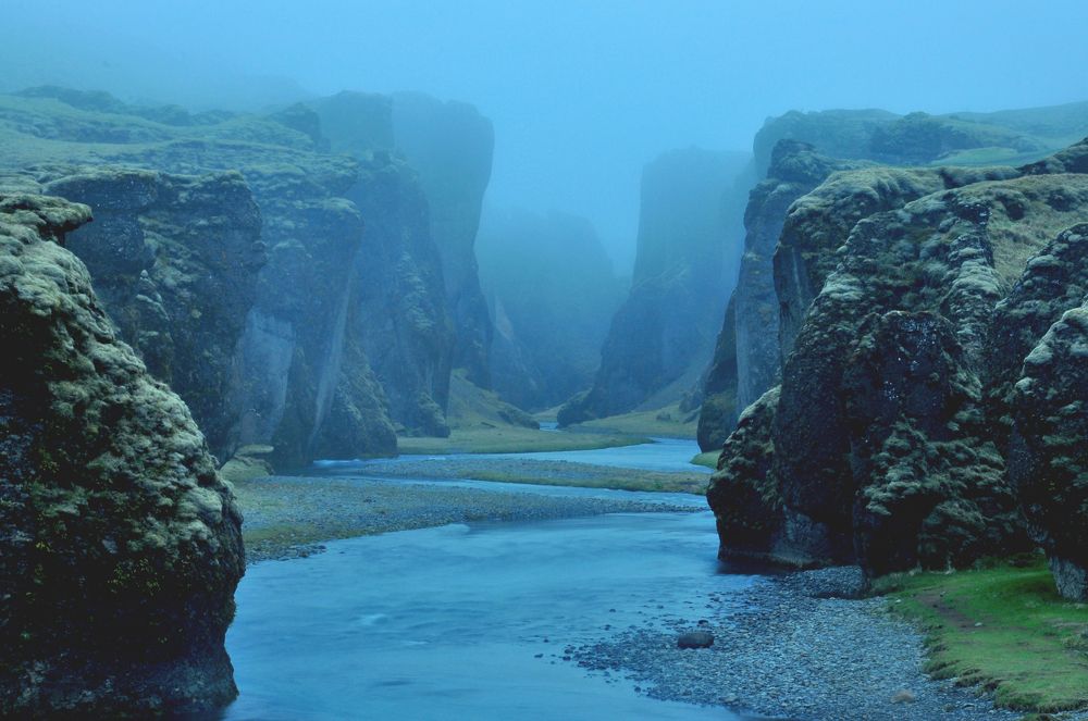Special foggy landscape on Fjaðrárgljúfur, Iceland