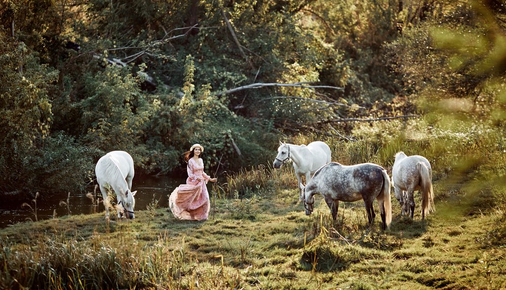 Пастушка и табун серых лошадей