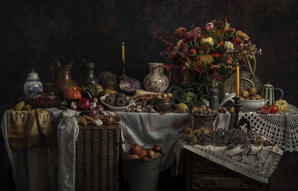 Flower still life with autumn vegetables