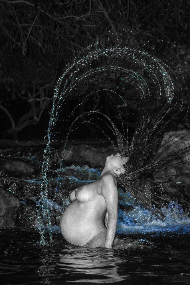 Black and white with blue