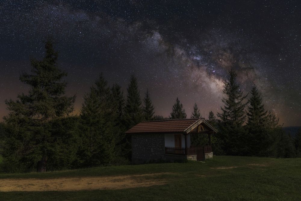 milky way over small temple