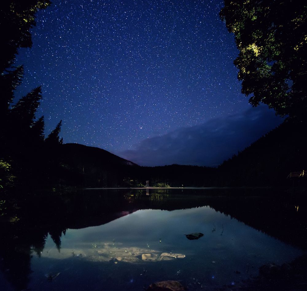 Mountain lake at night