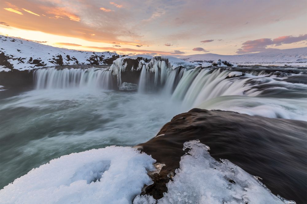 Sunset & Godafoss waterfall.
