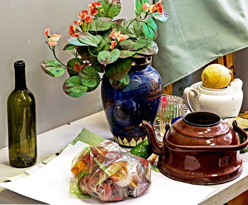 Still life with kettle and bottle