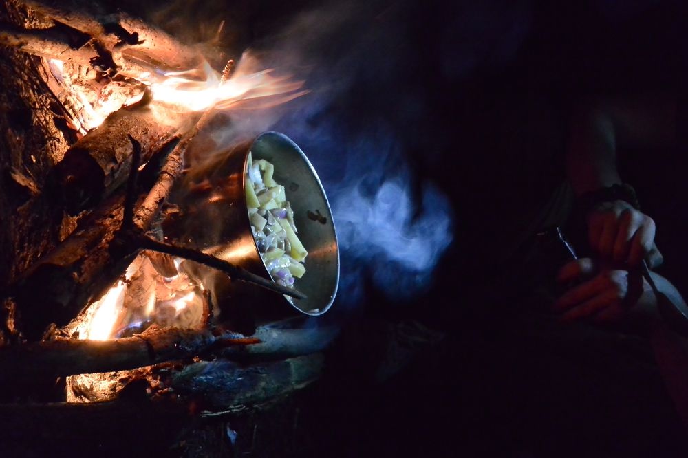 Bonfire, potatoes, mushrooms.Dinner will be a tourist.