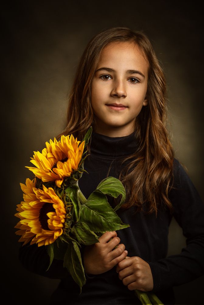 The Girl and Sunflowers
