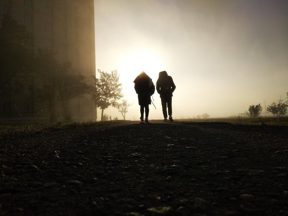 Twins walking in the fog