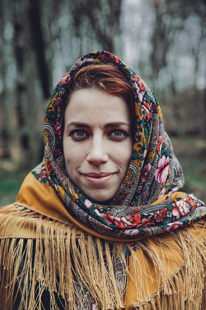 American woman with Azerbaijanian traditional scarf