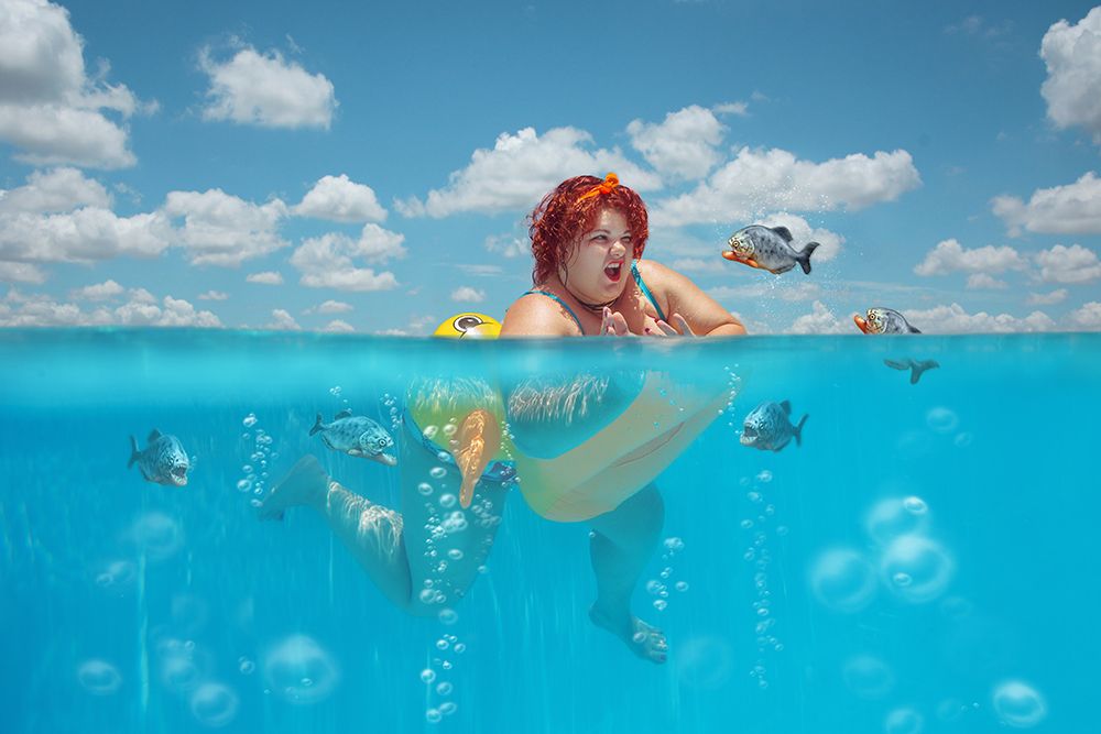 Fatty woman and piranhas
