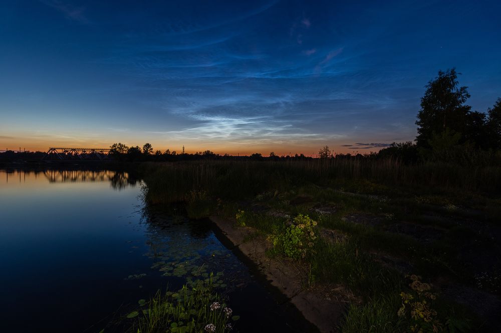 Landscape with beautiful silver clouds at night. Dark trees silhouettes.Noctilucent clouds- highest clouds in the Earth's atmosphere