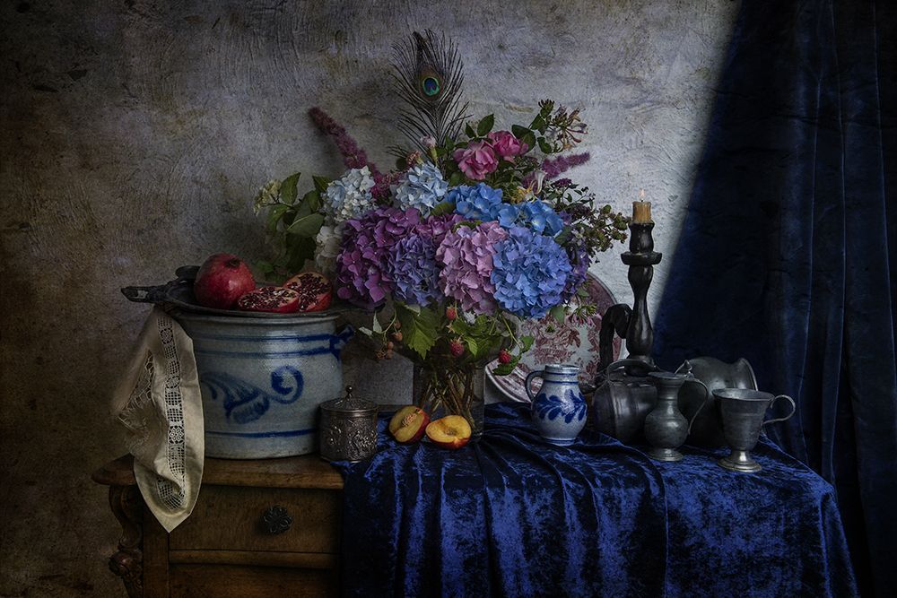 Flower still life with hydrangea and blue pot