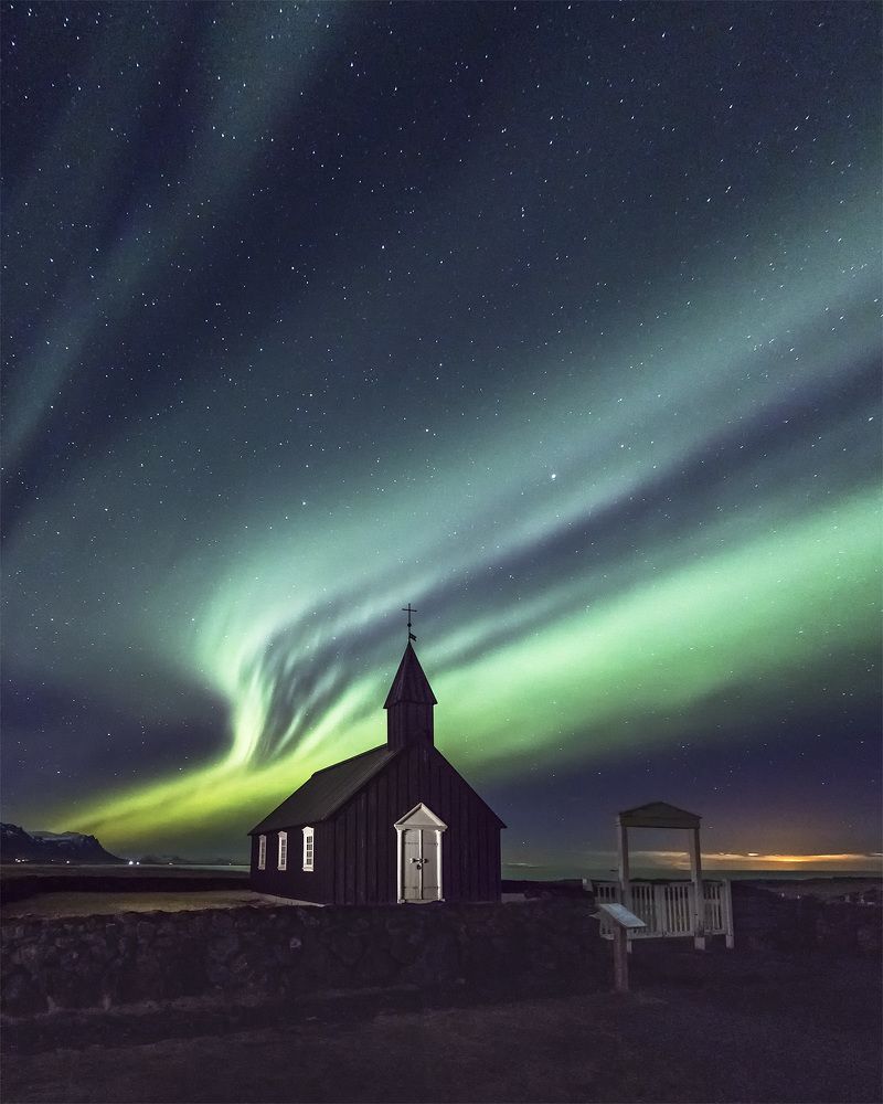 Budir church & northern lights. Iceland.