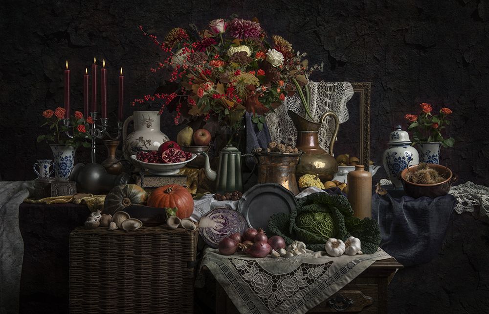 Stil life with autumn flowers and cranberries