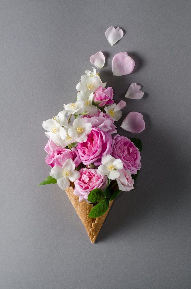 Fresh spring roses in waffle cone.