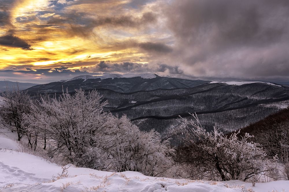 At sunset in the mountains