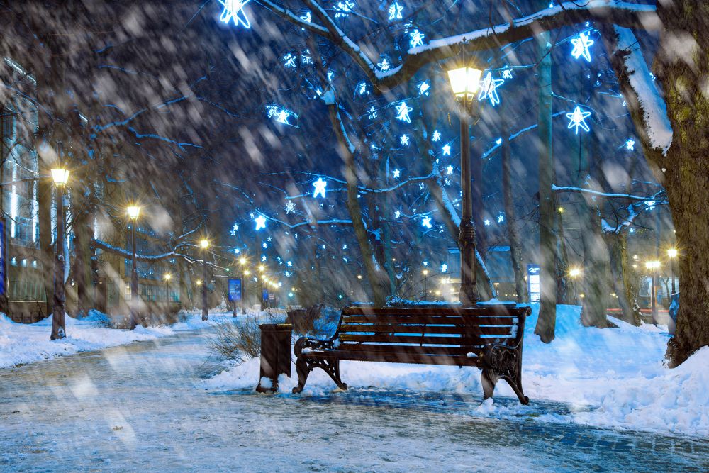 ночь, улица, фонарь, скамейка.