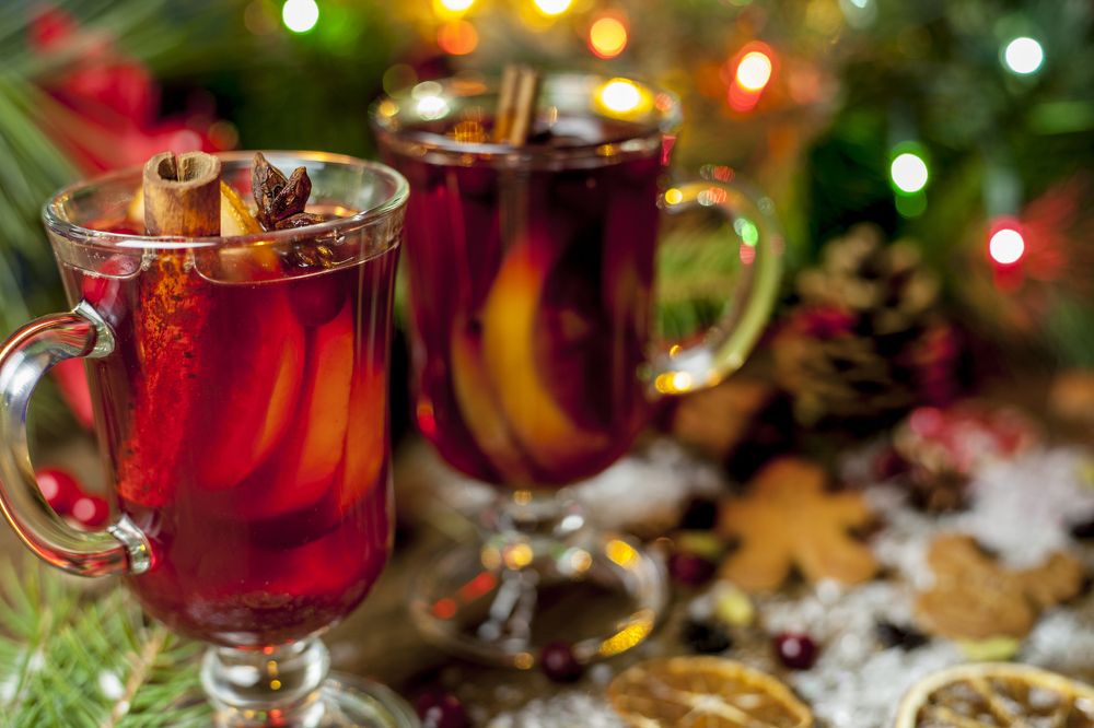 mulled wine on table with Christmas decorations