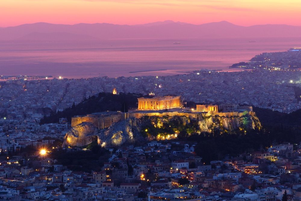 Athens at night  & the Acropolis .