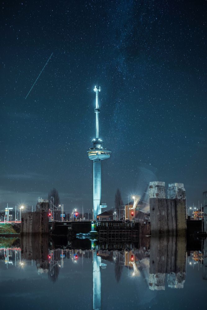 Euromast Rotterdam with starry sky