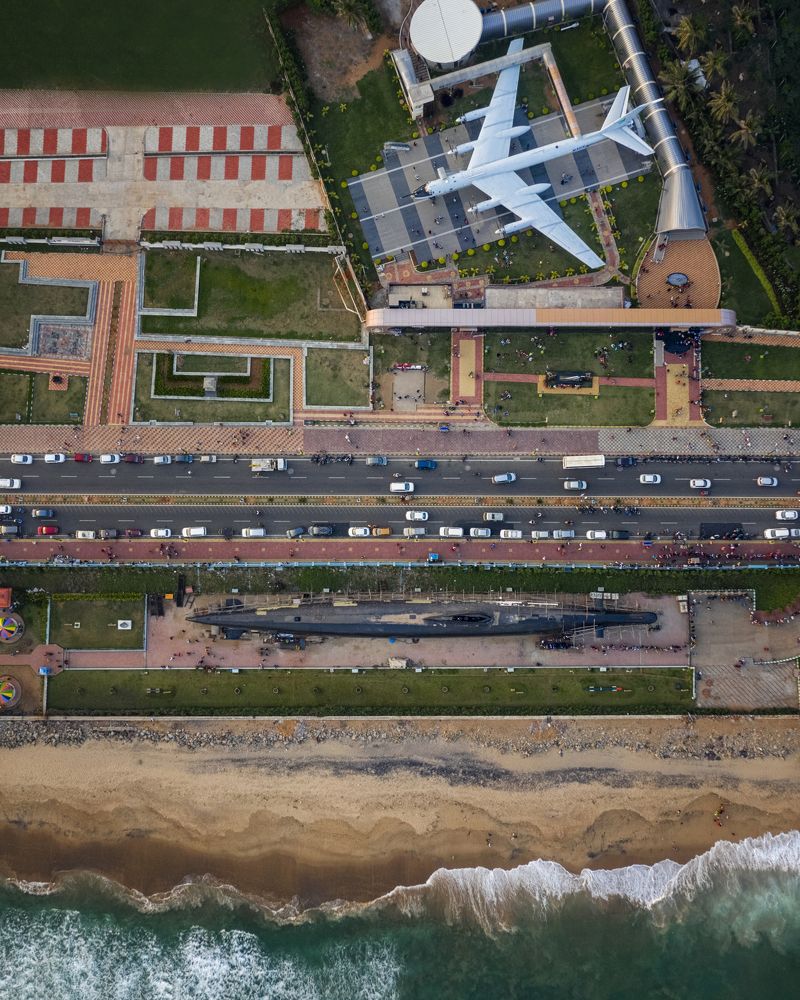 Have you ever seen a plane and a submarine parked in a city?