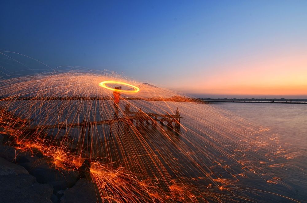 the sunset with stealwool of Beach cirebon
