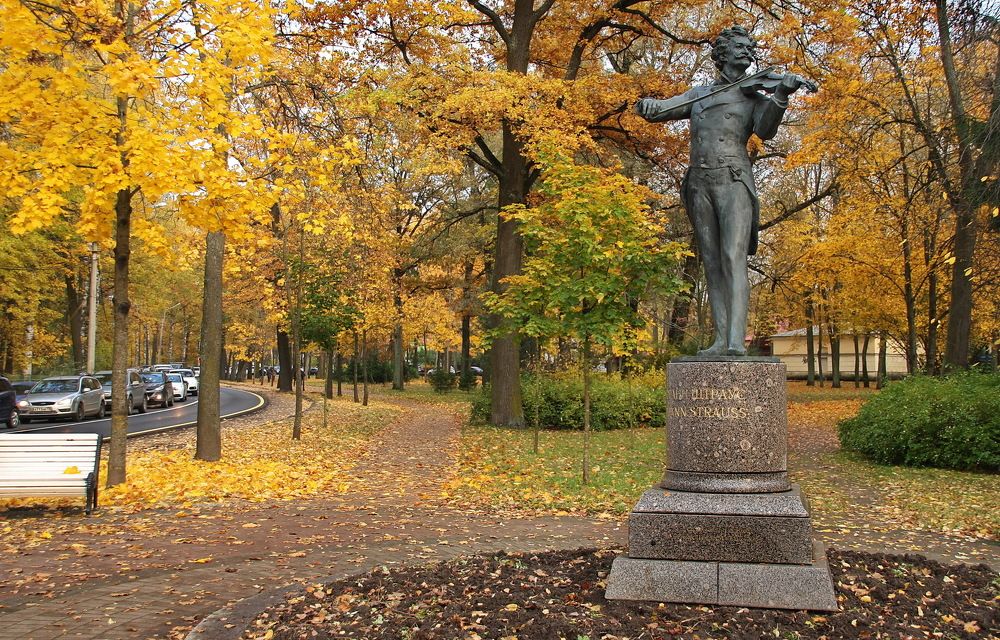 Штраус играет на скрипке в осеннем парке