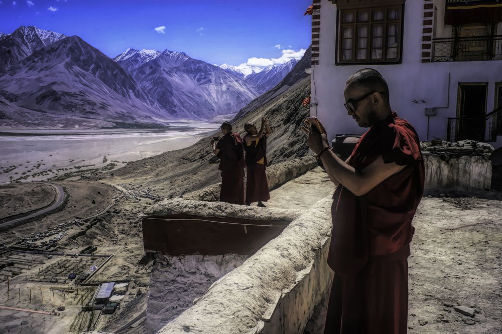 monks with phones , Disket , Ladakh