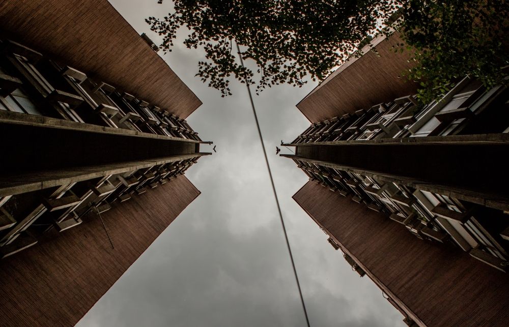 Buildings,Symmetry, Birds,electricity and storm