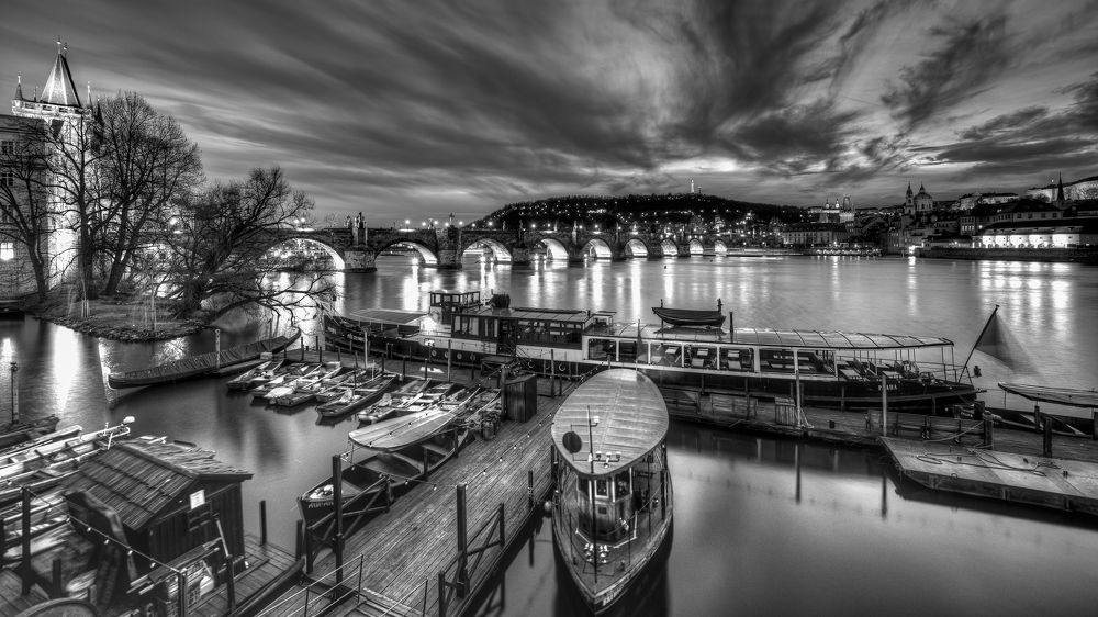 Twilight over the Vltava river in Prague.