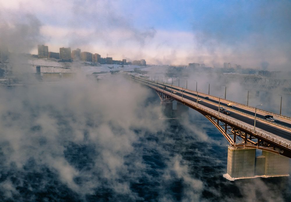 Река Енисей. Морозный туман.