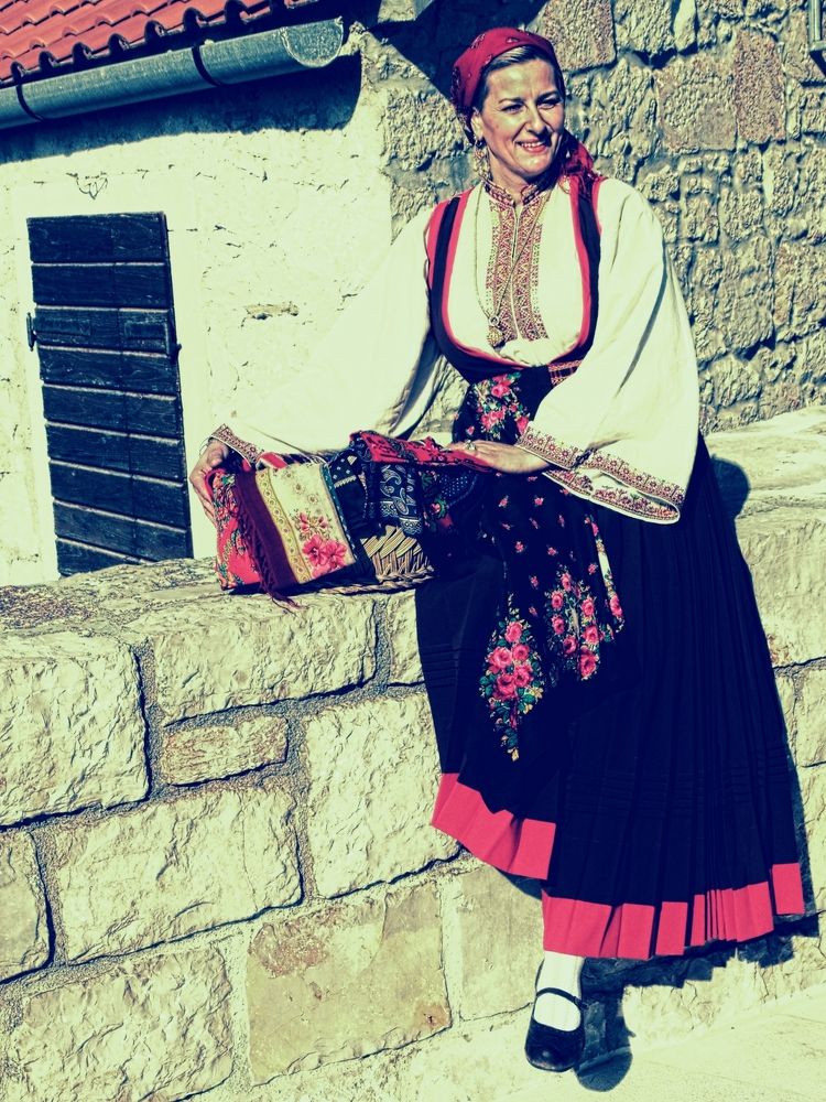 woman, basket, dress, island, nationaldress, seaside,