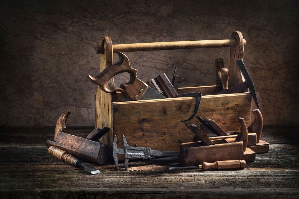 Still life - Old Wooden Tool Box Full of Tools