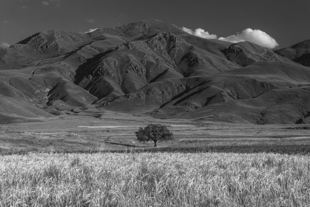 Alone in front of mountains