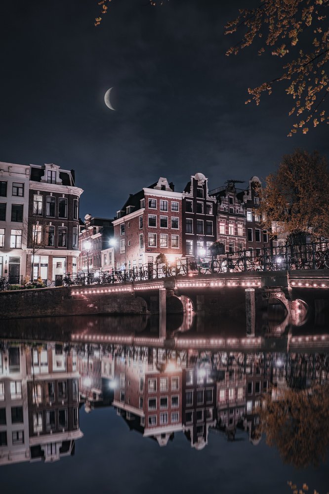 Amsterdam Reflection with moon