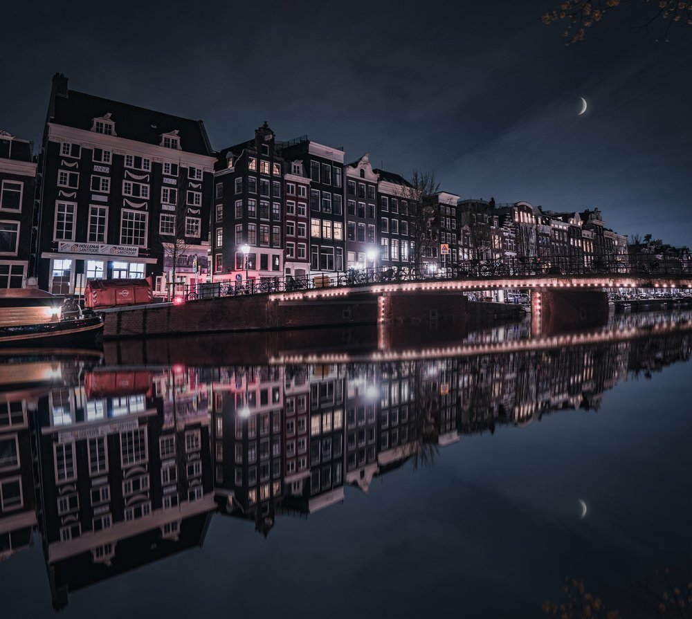 Amsterdam Reflection with moon