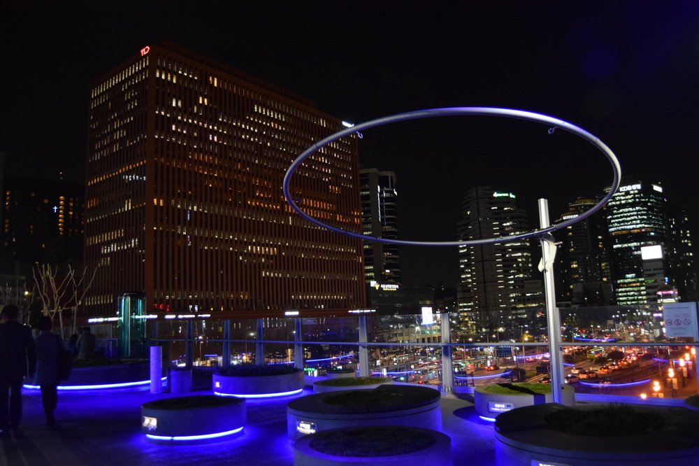 На синем переходе.