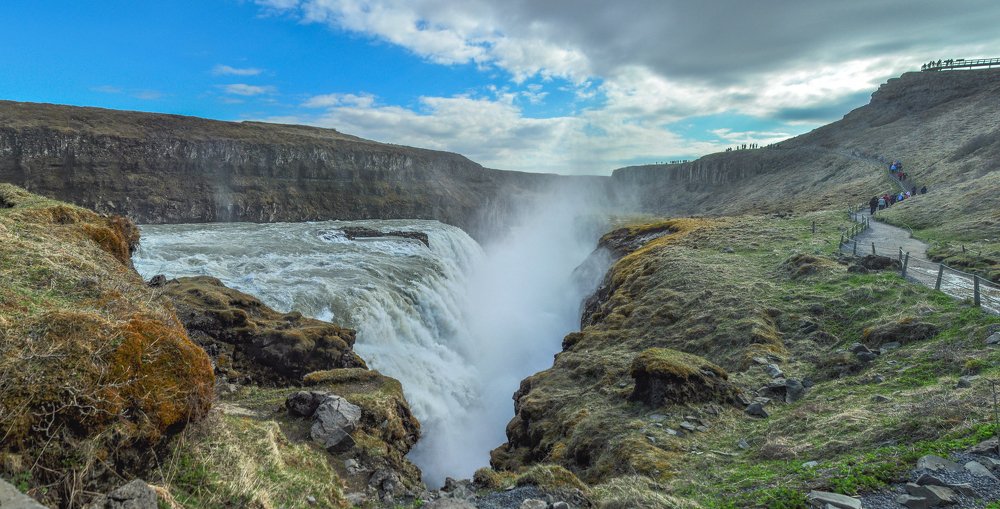 Panorama of the fall of Gulfoss Waterfall, Iceland