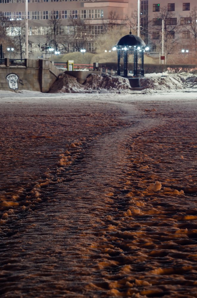 Городской пруд, скованый льдом.