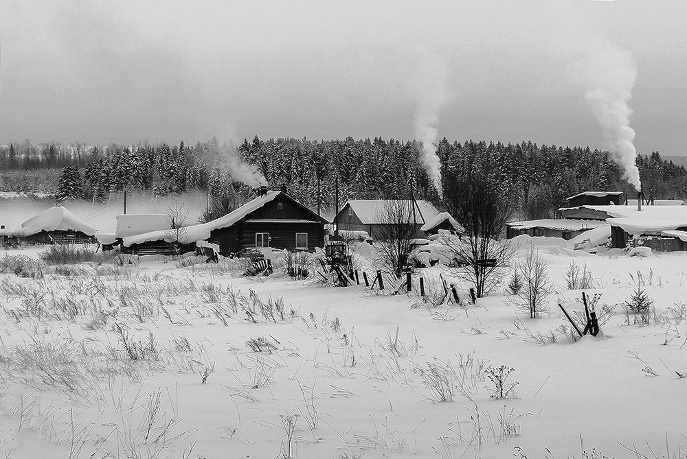 Морозный день в деревне.