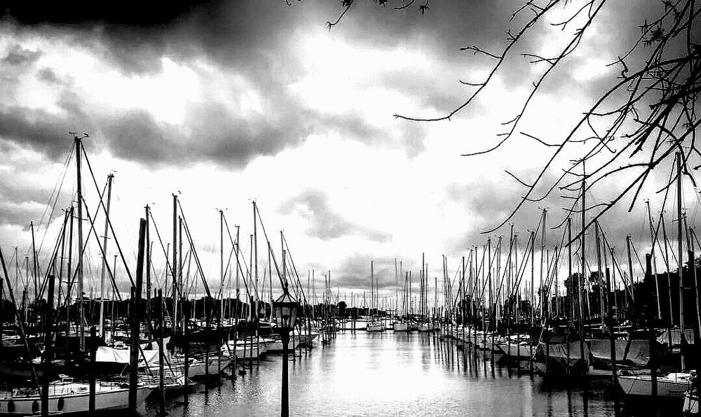 Marina en un día nublado