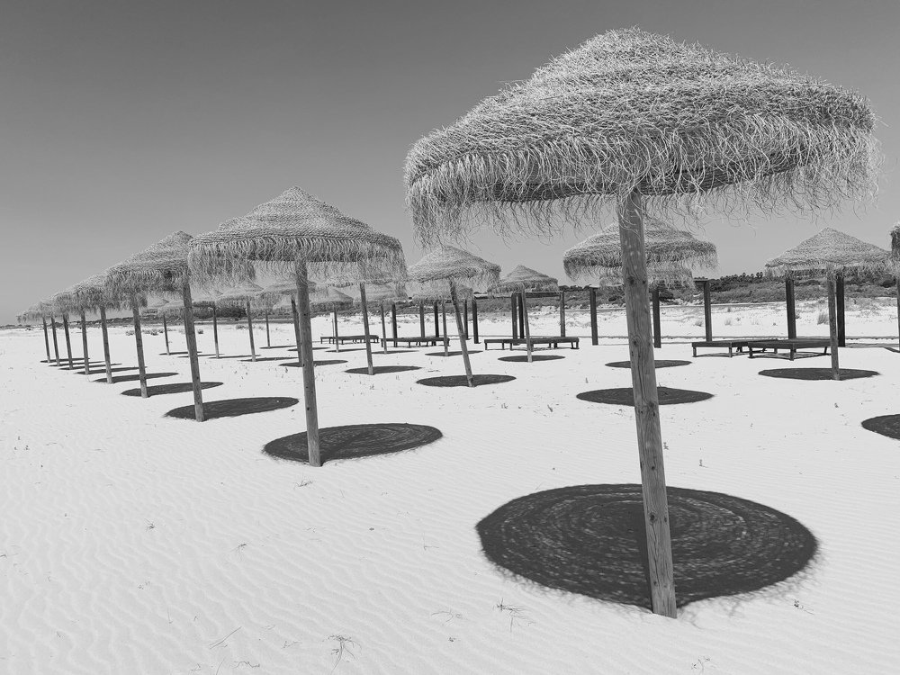 Column of beach umbrellas
