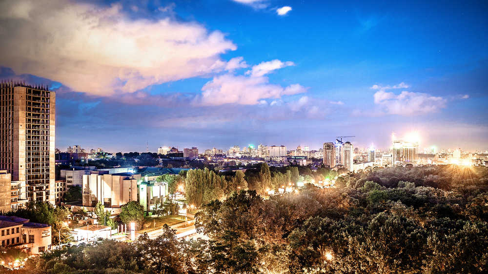 Nighttime avenue, Kyiv, Ukraine