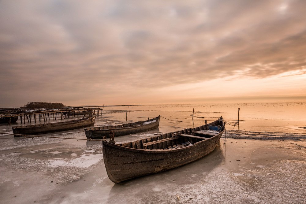 Sunrise on the frozen lake
