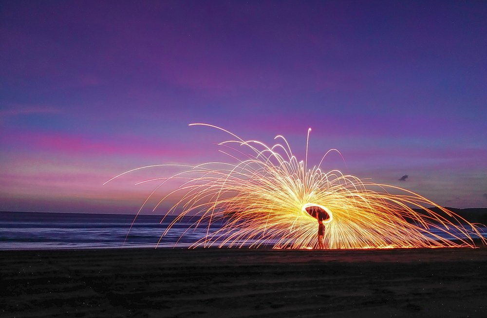 Beauty sunset moment at serang beach with steelwool photography