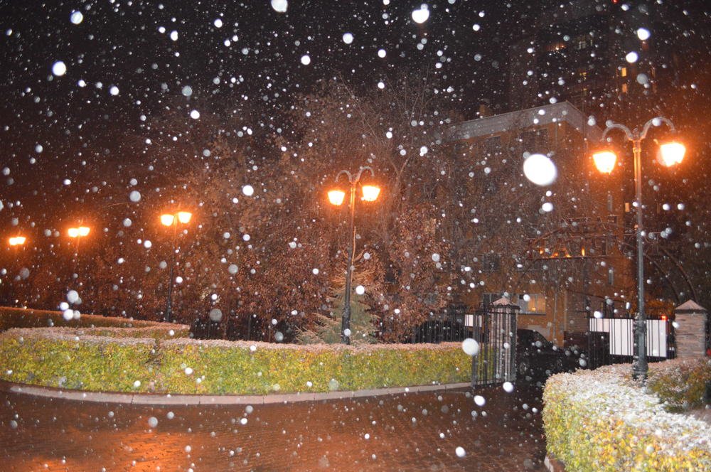 снег в ночном городе