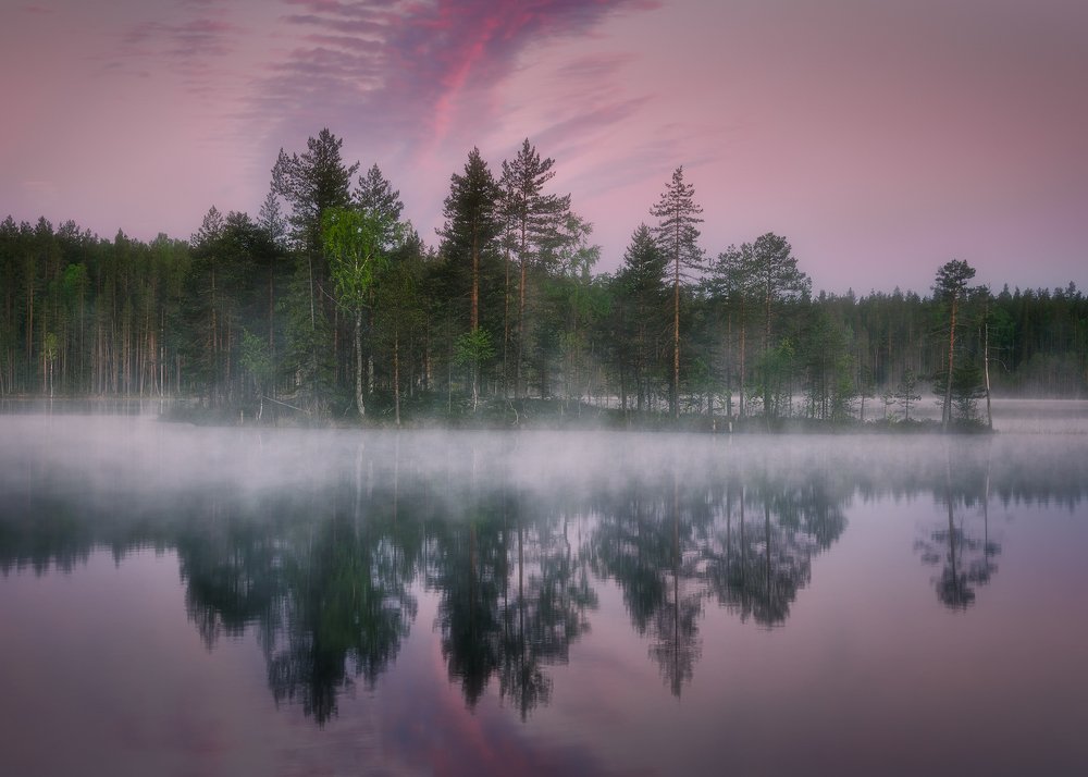 Туманный рассвет на озере