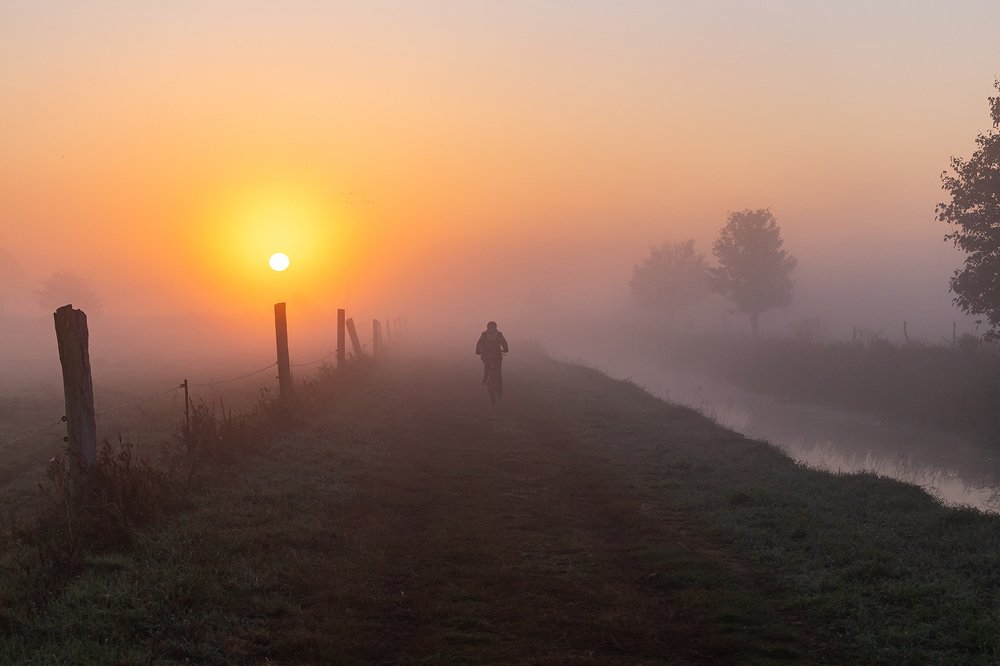 Riding through the morning mist