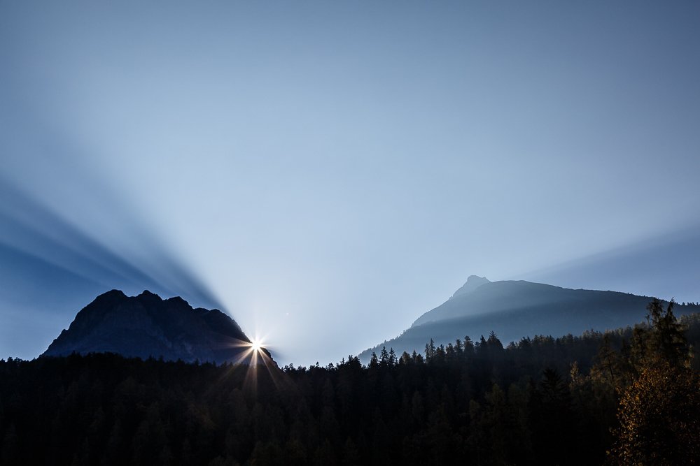 Sunrise in Scuol, swiss mountains